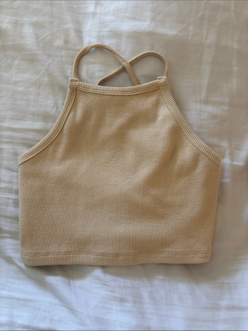 Ribbed Halter Crop Top in Beige